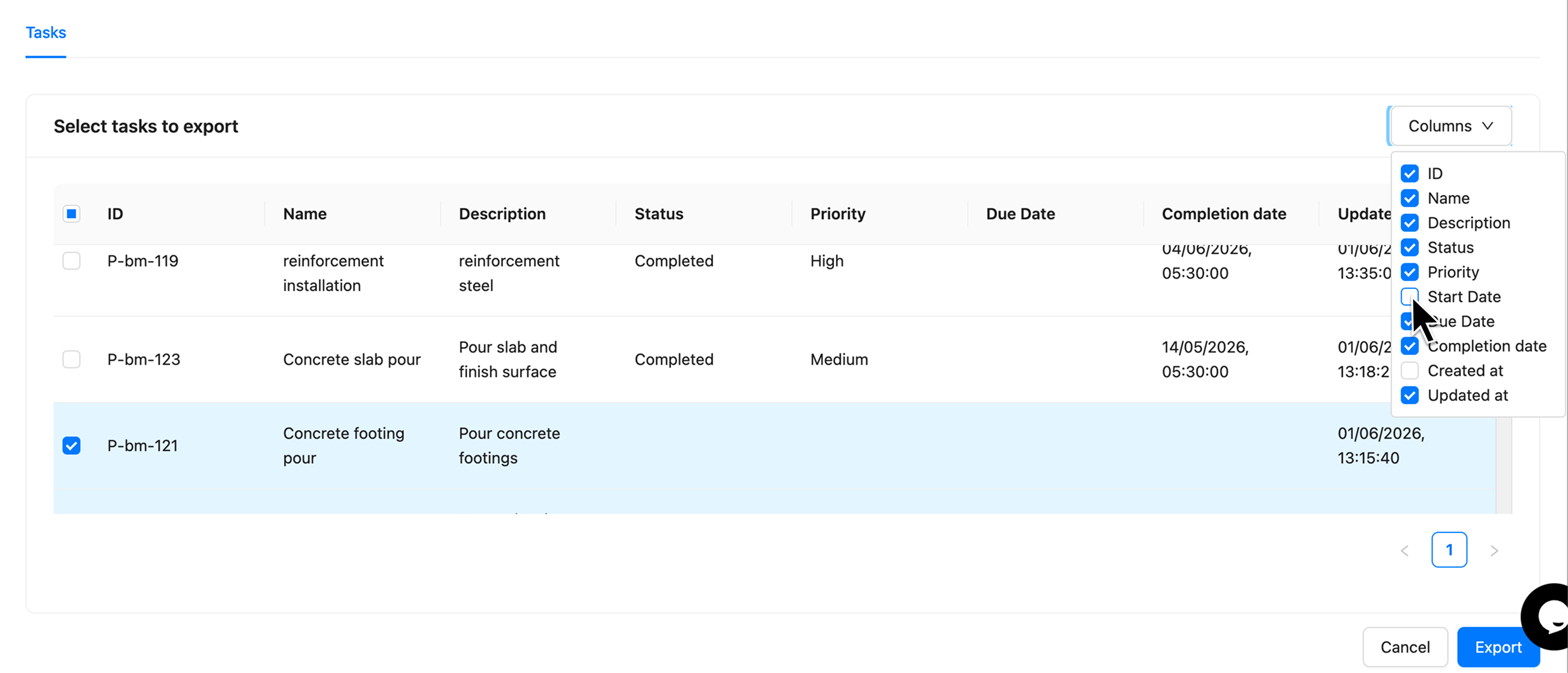 Customise Columns to be included