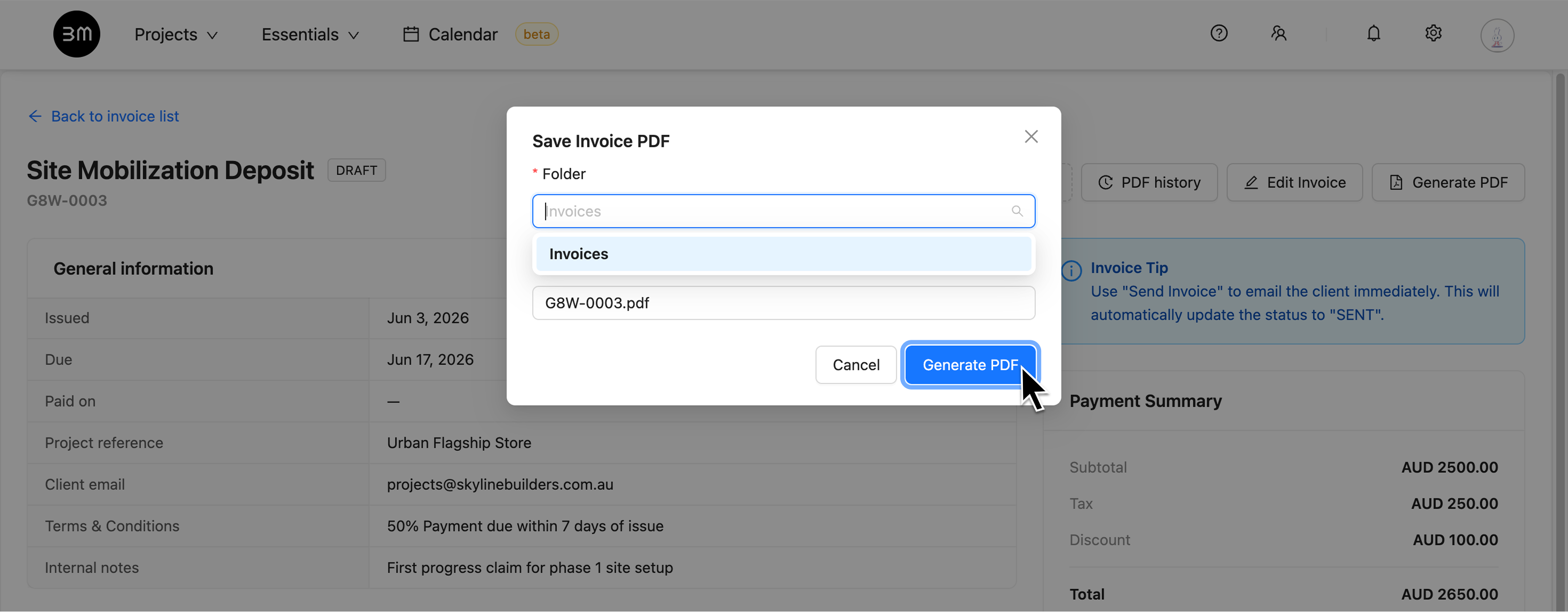 Generate PDF modal