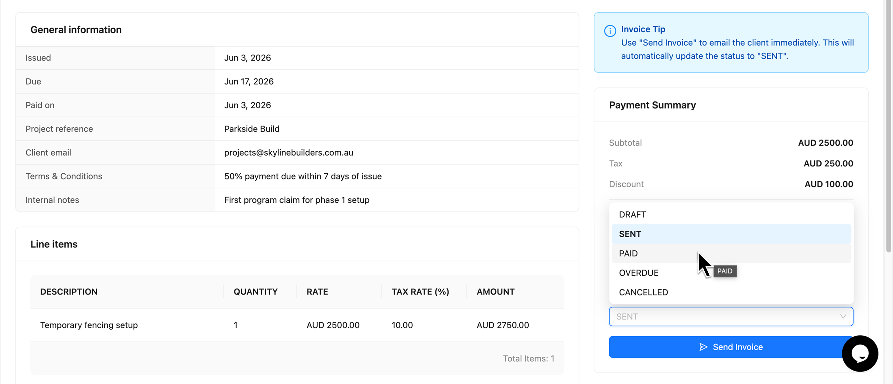 Invoice Status dropdown