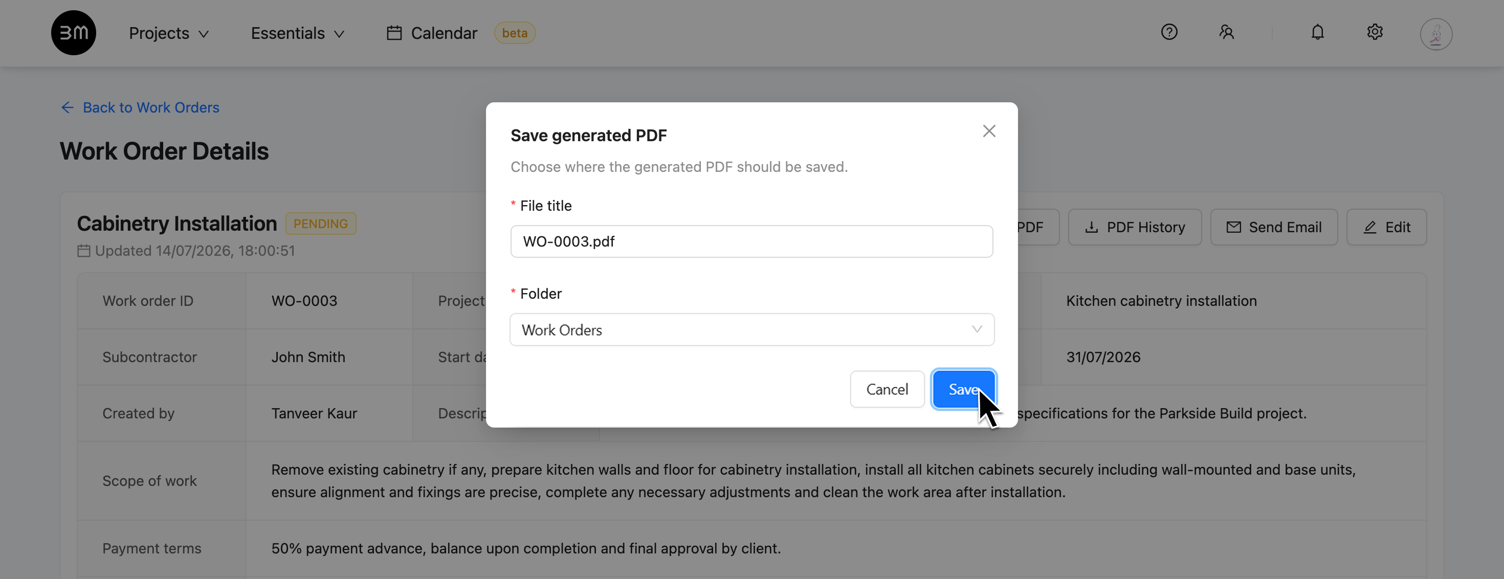 Generate Work Order PDF 