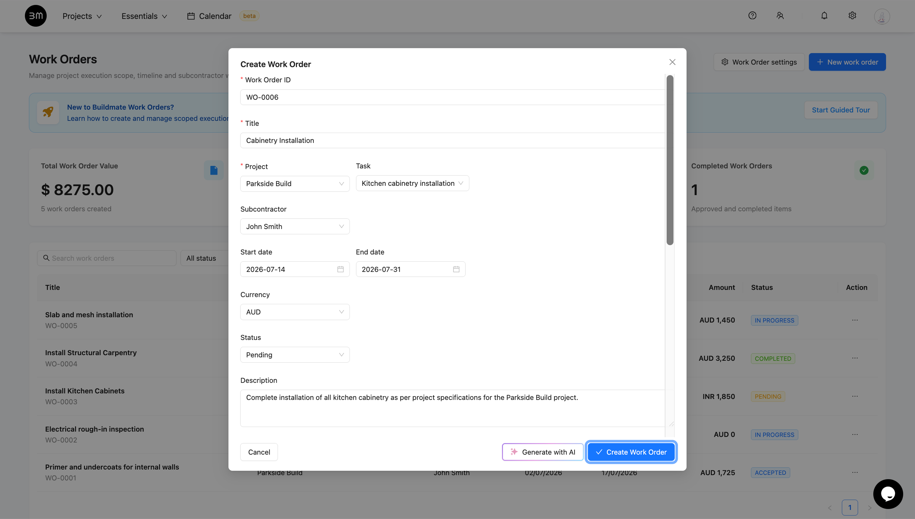 Create Work Order Modal