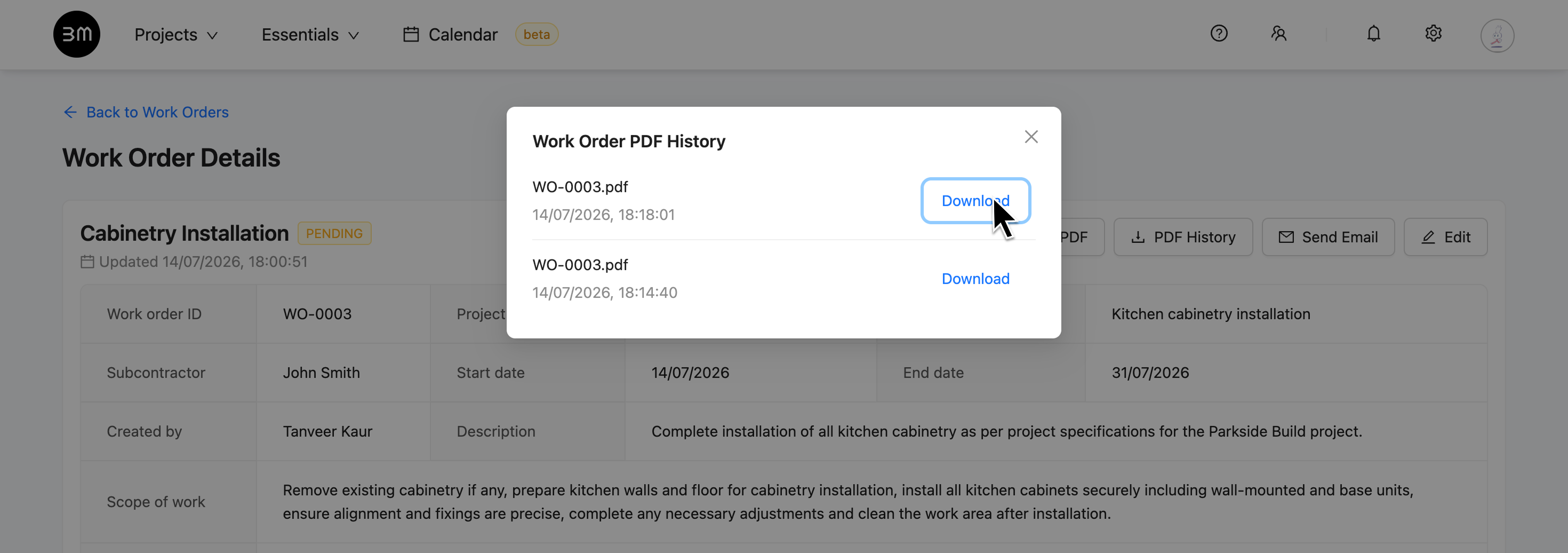 Review Work Order PDF Hisory