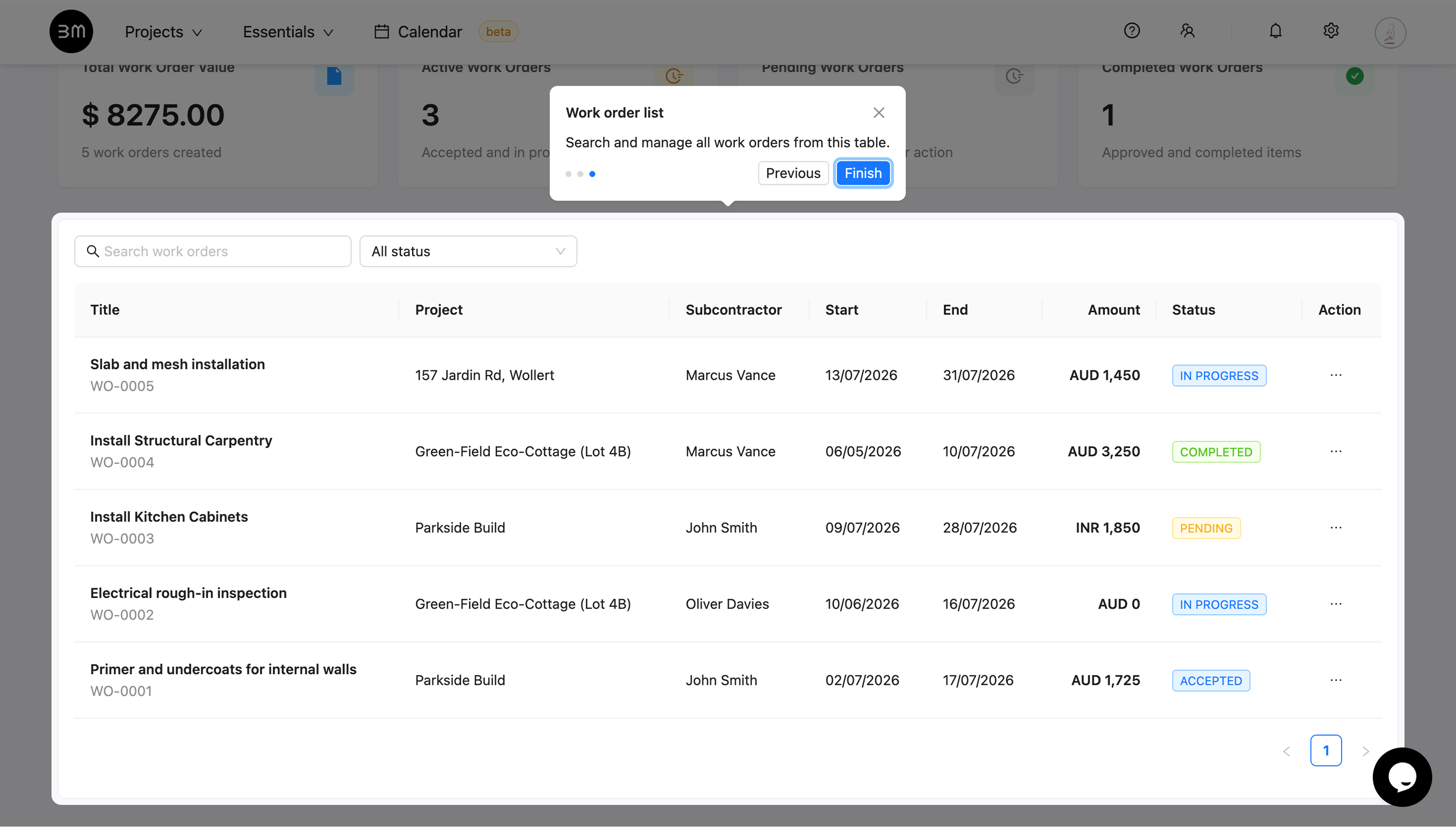Work Order Listing