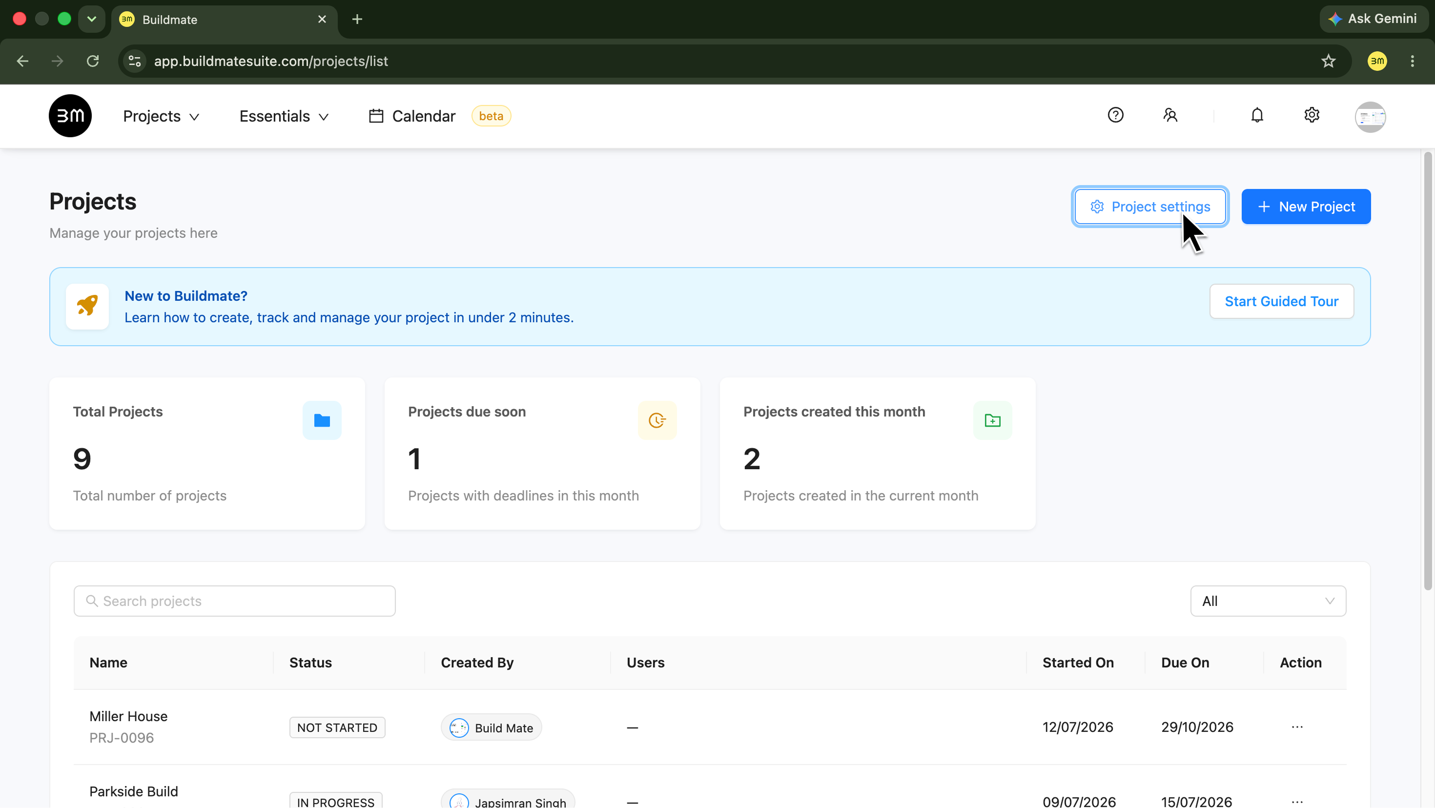 Project Settings button on Project Dashboard
