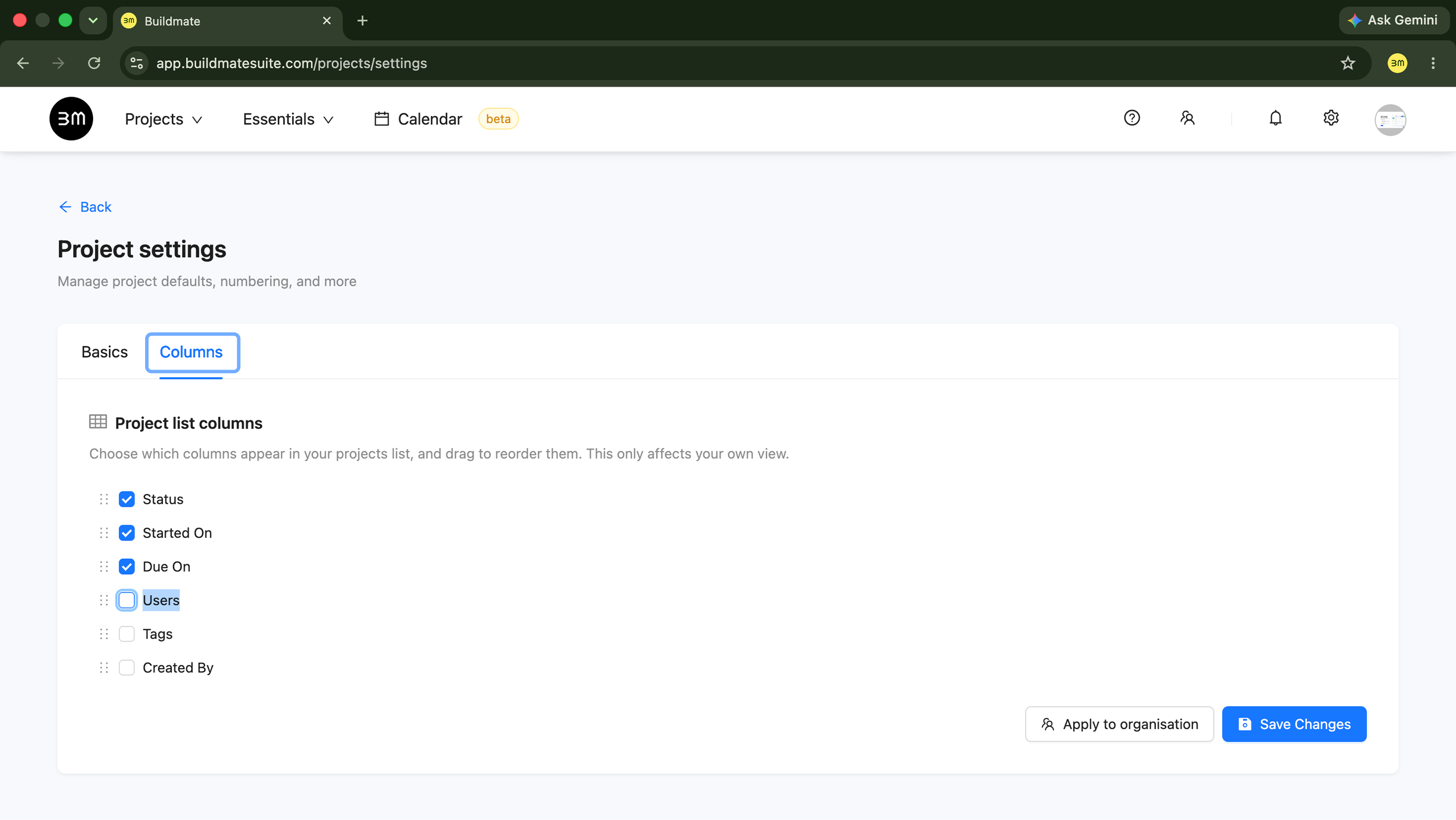 Show or Hide Columns in Project list