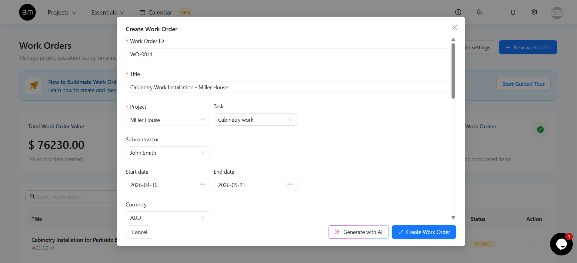 Create New Work Order