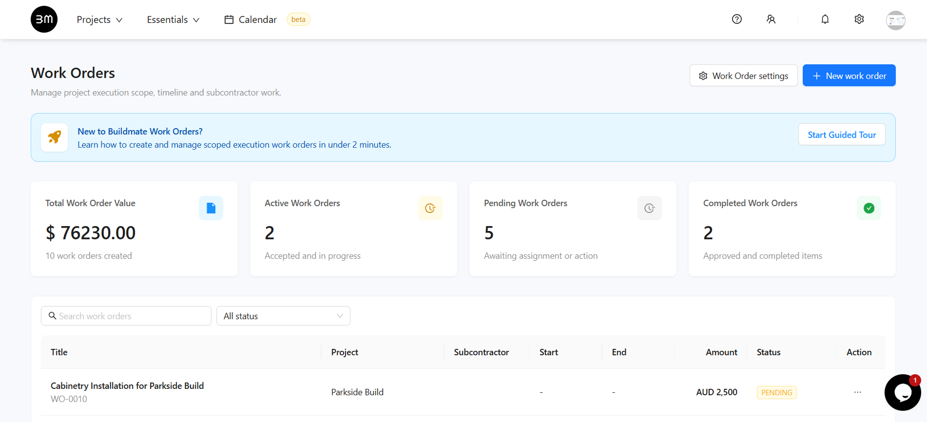 Work Orders dashboard