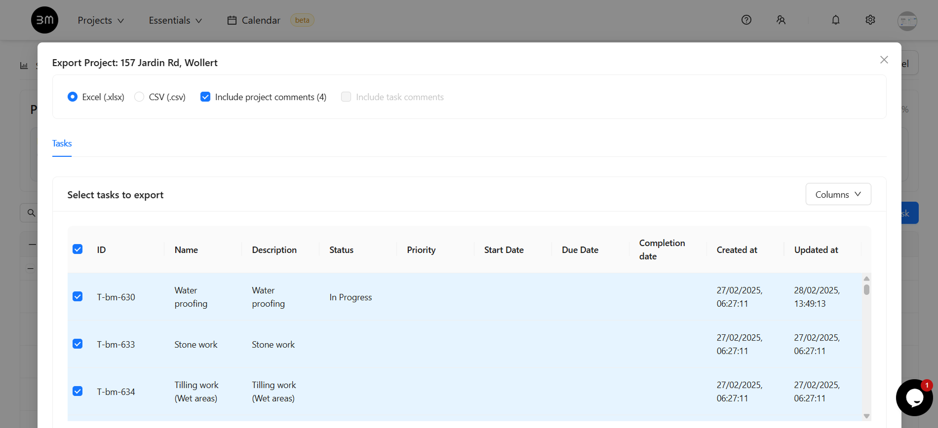 Export project screen in Buildmate