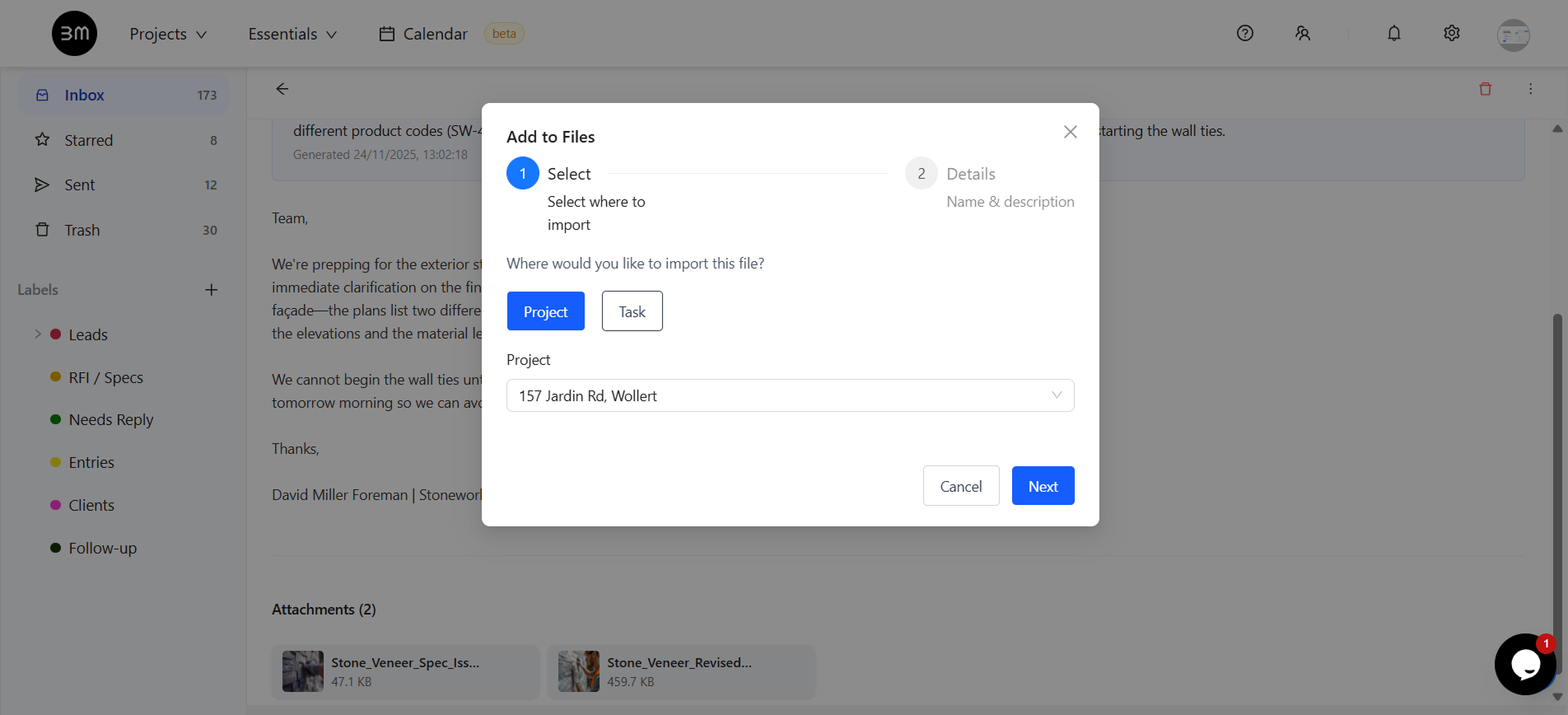 Import files from email into Buildmate