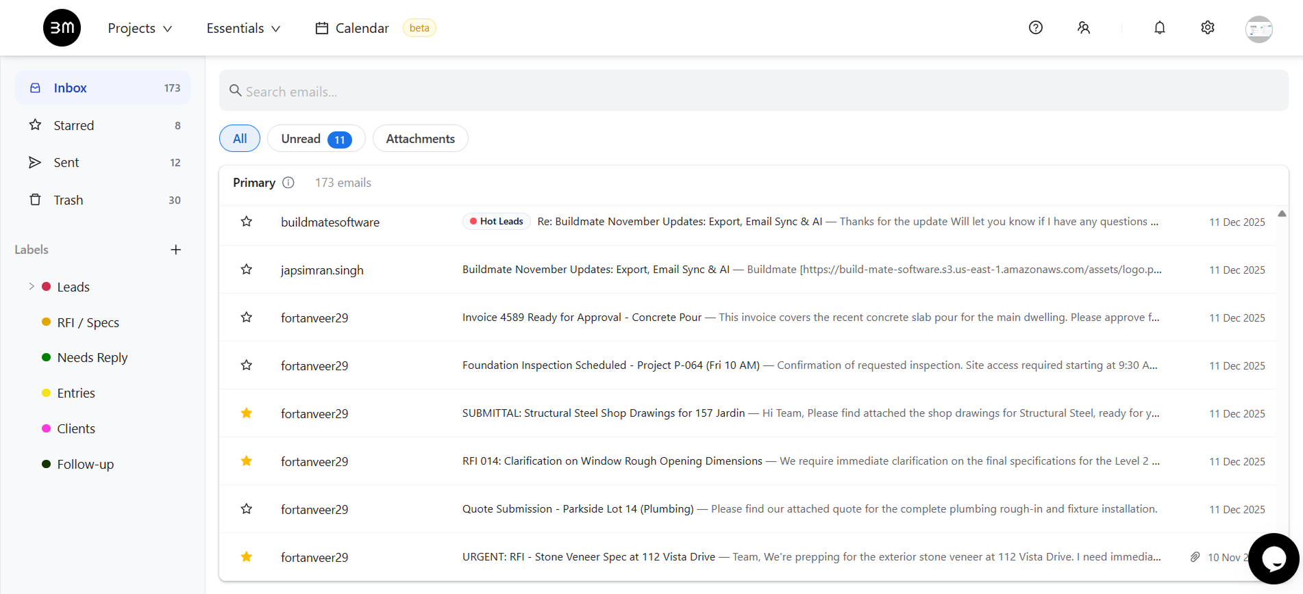 Email dashboard in Buildmate