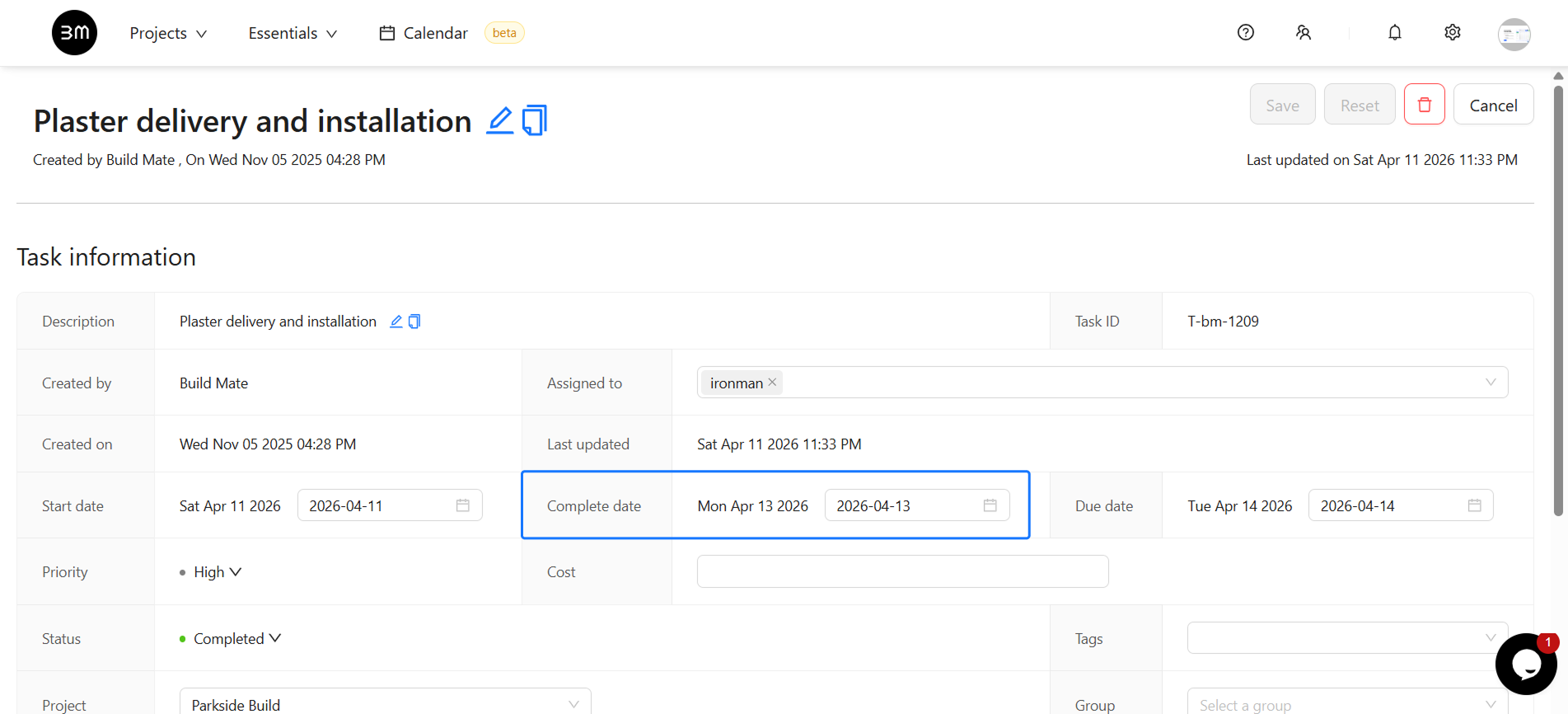 Snippet showing how to add task completion date